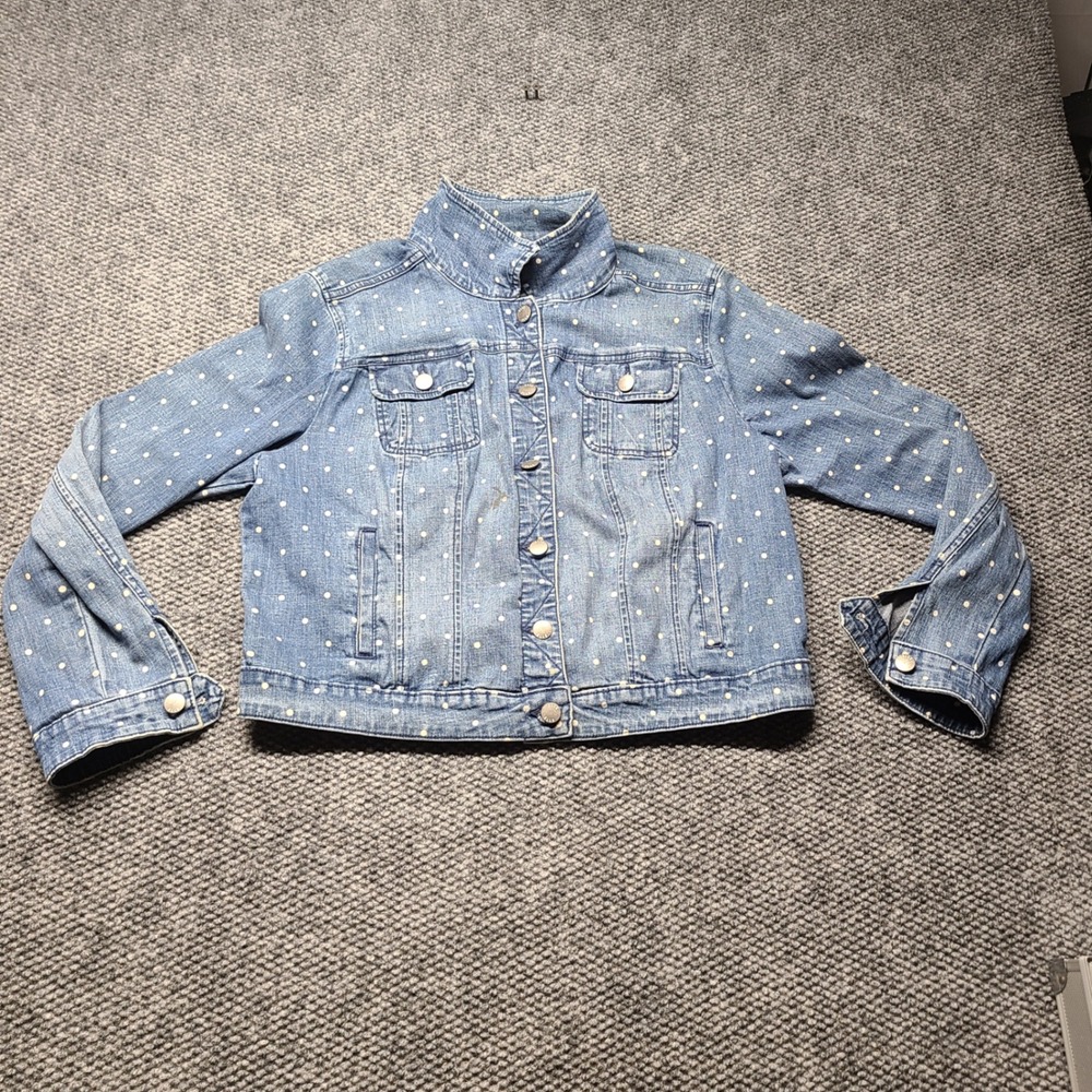 Elle Womens XL Blue Polka Dot Denim Jacket Button Front Medium Wash